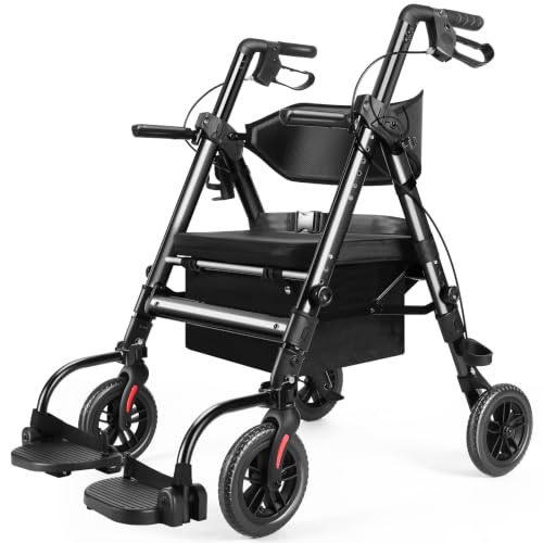 Image of Heavy Duty Rollator Walkers for Seniors with Seat, Foldable 2 in 1 Rolling Walker Wheelchair Combo for Adult, All Terrain Wheels, Adjustable 4 Wheel Walker with Brake, 450 lb. Weight Capacity, Black