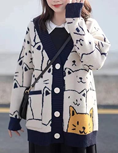 Arssm Womens V-Neck Long Sleeve Knit Loose Cardigan Cartoon Cat Sweater Coat (Navy, One Size) #TOP1