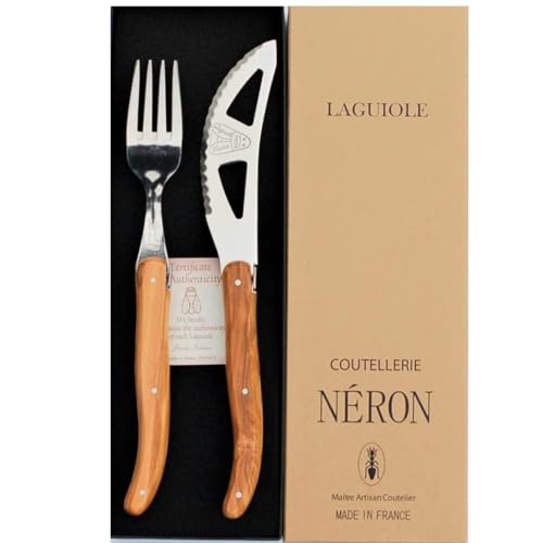 トランパラン ライヨール オリーブハンドル ナポリピザ専用 ピザナイフ ディナー・フォーク セット ギフト箱入り フランス製 NERON 波刃【正規輸入品】オリーブ木の美しさ、極上のピザ体験