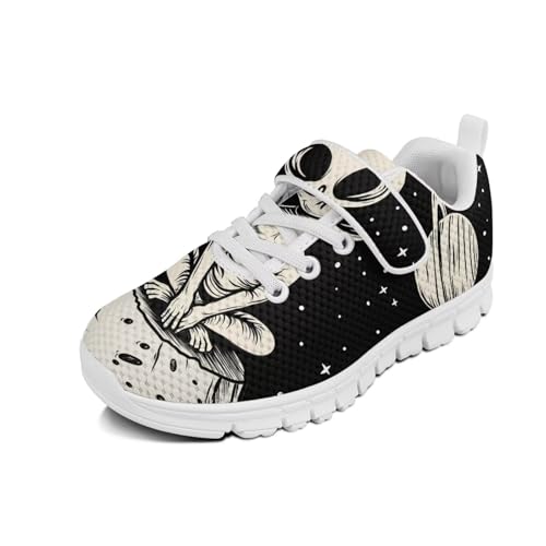 Kids Boys Girls Running Shoes Comfortable Lightweight Slip on Sneakers Athletic Tennis Shoes Alien Moon Pattern（White Sole）