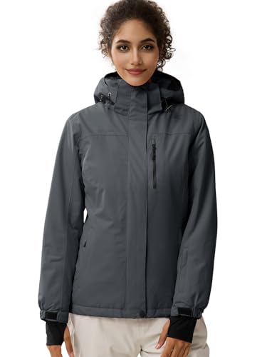 FREE SOLDIER Damen Winterjacke Wasserdicht Atmungsaktiv Warme Fleece Gefütterte Ski Jacke Outdoor Winterregenjacke mit Kapuze und Vollständig Versiegelte Nähte (Grau,S)