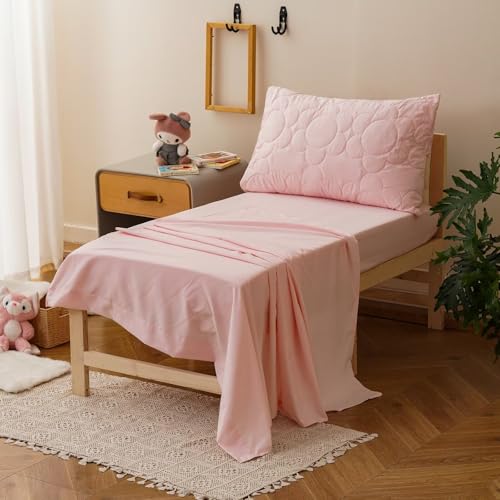Image of CLOTHKNOW 4Pieces Pink Toddler Bedding Sets for Girls | Soft, All Season, Kids Comforter, Blush Comforter Sets, Blush Daisy Puff Bedding, Crib Bed Sets