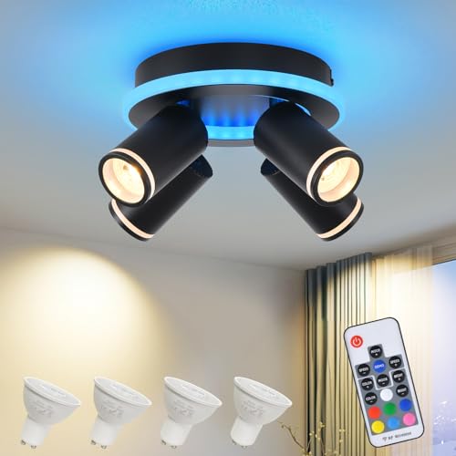 【Ingressi per lampade GU10 e lampadine intercambiabili】lampadario RGB rotonda vintage con attacco per lampade GU10 da 230V, adatta per l'installazione con tutti i tipi di lampade spot GU10 da 230V (alogene fino a 50W). I nostri faretti led soffitto dimmerabili con telecomando sono dotati di 4 lampadine GU10 intercambiabili da 5W 370lm 3000K bianco caldo. Le lampadine sono facili da sostituire e la sostituzione è semplice e veloce.