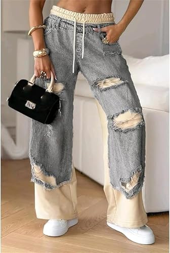 Women's Denim Trousers with Stitching and Ripped Design Summer Drawstring Casual Retro Elastic Waist Wide Leg Patchwork Jeans4