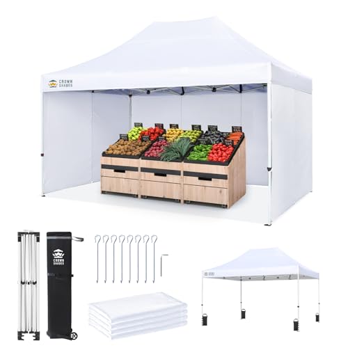 CROWN SHADES 10x15 Pop Up Canopy Tent, Thicken Frame Commercial Heavy Duty Tent, 4 Sidewalls 8 Stakes & 4 Sandbags & 4 Ropes, Outdoor Canopies for Events, Parties,White