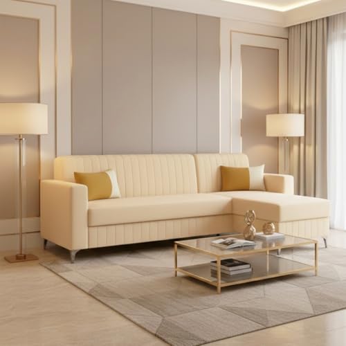 Image of SOCOZI Anton 4 Seater L Shape Sofa Set with Movable Ottoman | Flexible Left or Right Layout | Soft Velvet Suede Fabric | Modern Design | Plush Comfort Cushions for Living Room (Cream)