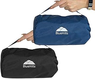 BlueHills Premium Soft Compact Travel Blanket Value Pack Set of 2 - Airplane Flight Blanket Throw in Soft with Luggage Belt Compact Pack Large Blanket for Travel Black and Navy Blue Color
