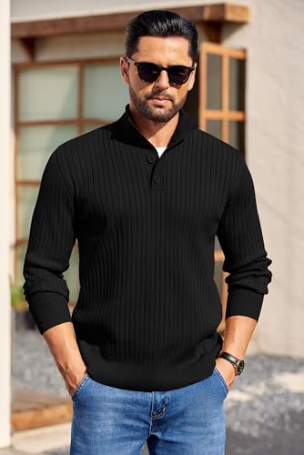 COOFANDY Mens Quarter Button Sweater Long Sleeve Stand Collar Sweaters Casual Knitted Ribbed Dress Pullover2