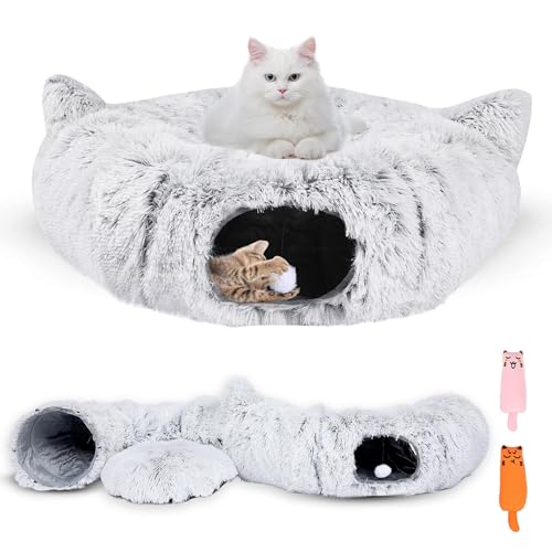 Image of 3-in-1 Cat Tunnel Bed - Cat Tunnels & Cat Beds for Indoor Cats with Catnip Toys - Cat Bed Cave & Peekaboo Cat Hideaway - Foldable Interactive Cat, Kitty & Kitten Toys