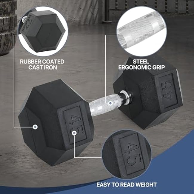 MADOG Hex-Dumbbell, Rubber Coated Cast Iron Dumbbell, Hand Weights With Anti-Slip Grip, 30-50 LBS, Single