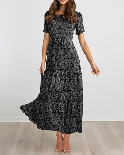 Image of BTFBM Women Casual Short Sleeve Crew Neck Summer Dress Bohemian Floral Printed Flowy Maxi Dresses Tiered Cocktail Dress