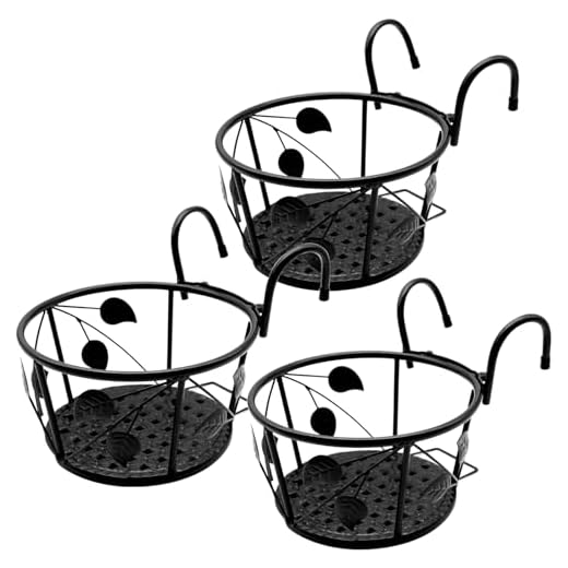 NILICAN - Cesto per fioriera in ferro battuto, per balcone, per casa, balcone, piante coltivate in casa,Abito a tre pezzi colore: nero