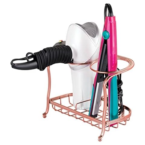 mDesign Hair Dryer and Flat Iron Holder - Ideal for Storage of Hair Dryer, Hair Straightener, Hair Brushes and More - Metal Hair Dryer Stand - Rose Gold Cover