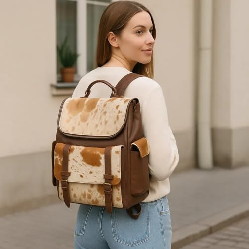 Trahide – Backpack Cowhide Hair-On Light Brown & Brown Leather Pockets | 14” x 13” Inches – Pick yours - Option 24