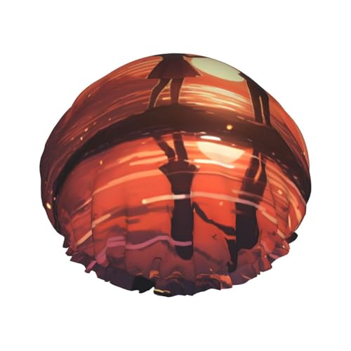Gorro de ducha con estampado de atardecer para mujer, doble capa, impermeable, elástico, reutilizable, protección para el cabello, para spa, salón de baño, damas