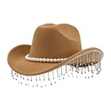 Doqeou Sombrero de Vaquera con Strass | Estilo De Con Ala Ancha Brillante - Sombrero Western Con Rhinestones Y Perlas,para Celebración Boda Cosplay y Sesión de Fotos