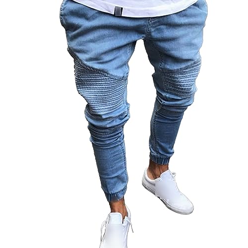 JEKE-DG Men's Slim Fit Biker Denim Pants Distressed Stretched Moto Denim Jeans Skinny Fashion Stretch Jeans (Large,Blue)