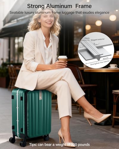 Hanke 20 Inch Carry-On Luggage PC Hard Shell Suitcases for Travel Front Opening Aluminum Frame Travel Luggage Rolling Suitcase with Wheels for Women Man Gifts.(Blackish Green)