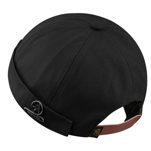 CLAPE Casquette sans Visière Homme Bonnet de Docker en Coton Bonnet Marin Mode Rétro Casquette sans Bord Rolled Cuff Brimless Hat, Noir / 55-60cm (Réglable)