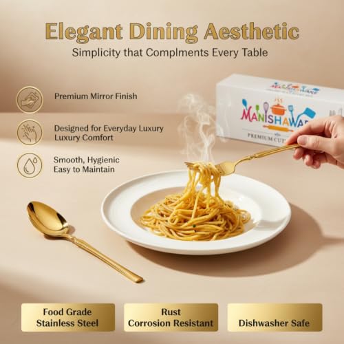 Image of Classic Gold 4 Pcs Stainless Steel Cutlery Set for Dining Table, Dishwasher Safe Glossy Flatware (Perfect Spoon Fork Set)