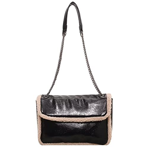 Mudono Shoulder Bag for Women Soft Glossy Crossbody Bag Square Purse Handbag with Faux Shearling Trim and Chain Strap