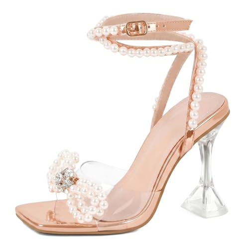Image of Yolkomo Women's Square Toe Clear Heels Sexy Rhinestone Bow Heels Open Toe Ankle Strap Stiletto High Heel Sandals