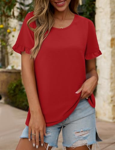 CRAZY GRID Women's Shirts Summer Casual Crewneck Ruffle Short Sleeve Blouses Cute Floral Print Tunic Tops