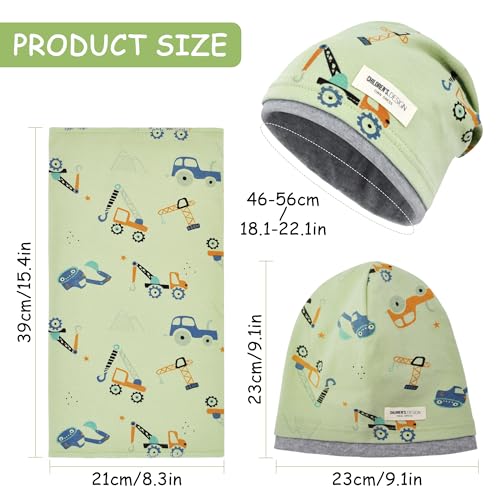 beifon Kinder Beanie Mütze & Loop Schal Set, 95% Baumwolle Mütze Schal Set Mädchen Jungen 2-8 Jahren, Schlauchschal Warme Wintermütze Strickmützen für Herbst Winter Frühling(Grün)
