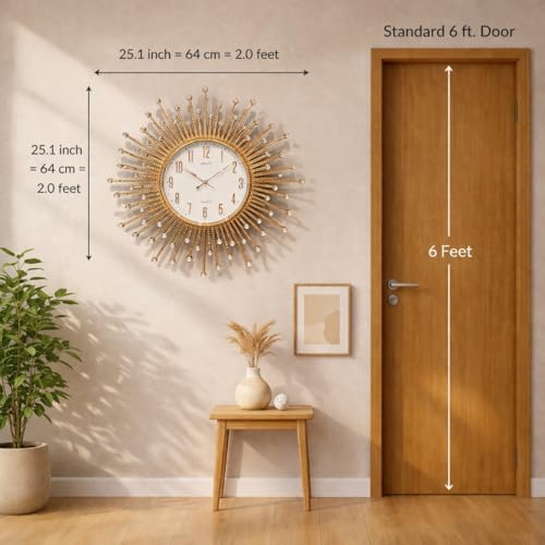 Image of ARMONIA Royale Luxury Wall Clock 64 cm Large Decorative Glass Wall Clock Silent Non-Ticking Sweep Movement Analog Clock for Living Room, Dining Room & Office Home Decor Gold Finish Plastic