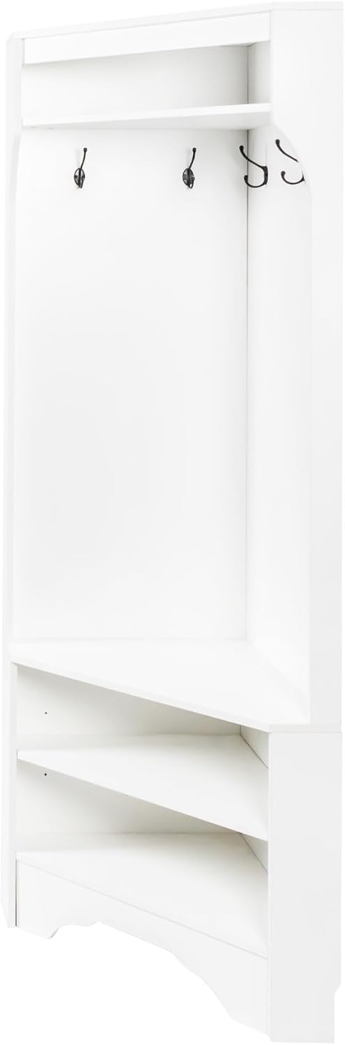 LUMISOL Corner Hall Tree with Shoe Bench for Entryway, Modern Mudroom Coat Rack with 4 Hooks, Corner Cabinet with Adjustable Shelf for Living Room Hallway, White