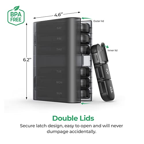 Weekly Pill Organizer 3 Times A Day, Puliv Portable Travel Pill Box 7 Day With Large Pill Containers, Light-Proof Pill Case For Vitamins, Medication, Supplements And Fish Oils (Black) #TOP3