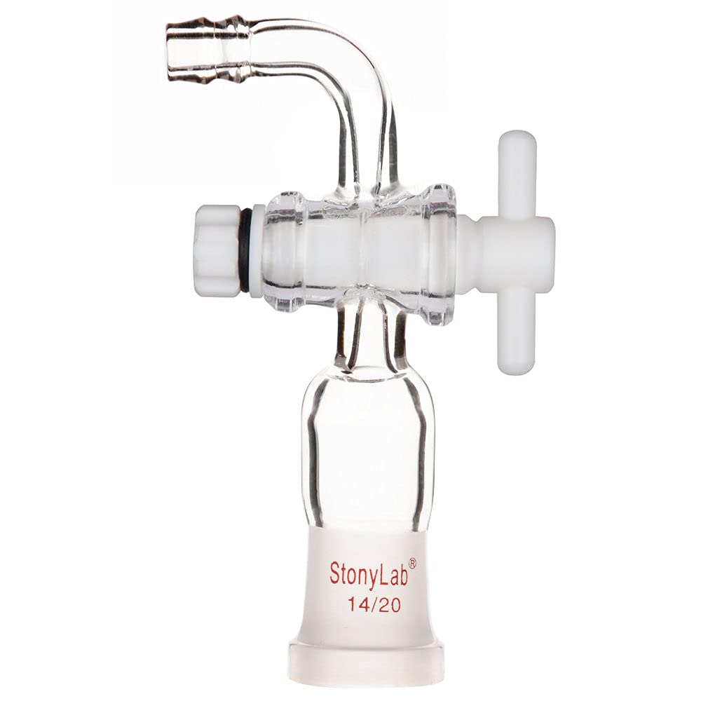 stonylab Adaptateur de Contrôle de Débit de Vide, Adaptateur en Verrerie avec Robinet D'arrêt en PTFE et Raccord de Tuyau Coudé, Adaptateur de Joint Extérieur Standard 14/20 pour Laboratoire Chimie