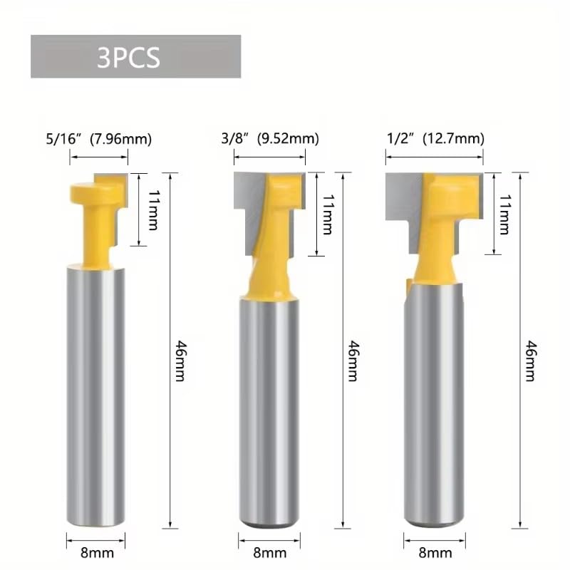 3Pcs/Set 8mm Shank T-Slot Cutter Router Bit Set Key Hole Bits Hex Bolt T Slotting Milling Cutter for Wood Woodworking Tool