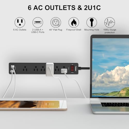 Image of 10Ft Extension Cord Power Strip Surge Protector - Teiobar 6 AC Outlets and 3 USB Ports for Home, Office, Dorm Essentials, 1680 Joules, ETL Listed, Black