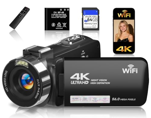 Gtonster 4K Video Camera Camcorder with 64GB SD Card, 56MP WiFi Vlogging Camera for YouTube, IR Night Vision, 3.0' Touch Screen, 18X Zoom, Webcam & Remote, Black