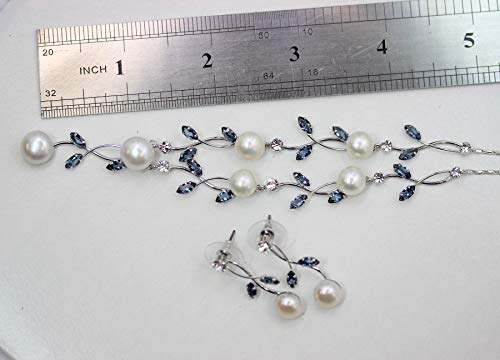 Faship Gorgeous Navy Blue Cz Crystal Genuine Freshwater Pearls Floral Necklace Earrings Set - Navy Blue #TOP5