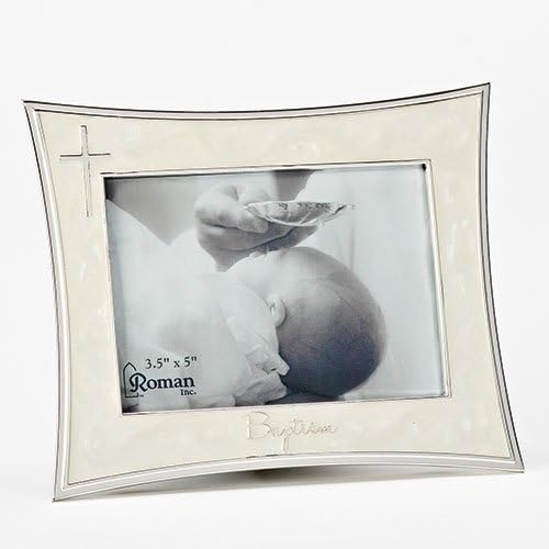 Roman Baptism Ivory and Silver Frame, photo 3x5 with Cross, Bless this child, Baptized in Christ, Christening Keepsake Gift, Caroline Collection
