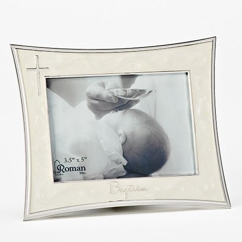 Roman Baptism Ivory and Silver Frame photo 3x5 with Cross Bless this child Baptized in Christ Christening Keepsake Gift Caroline Collection