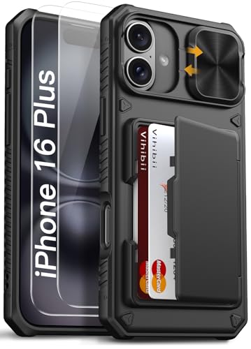 Image of Vihibii for iPhone 16 Plus Case with [2X Screen Protector], Built-in Card Holder (4 Cards), [RFID Blocking] & Slide Camera Cover & Tempered Glass Films, Rugged Wallet Case for 16 Plus 6.7 inch 2024, Black