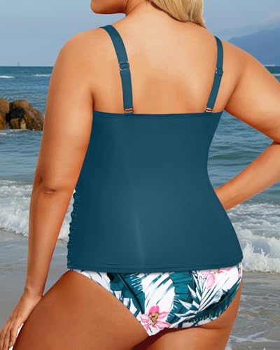 Aqua Eve Women Two Piece Plus Size Tankini Strapless Bathing Suits Bandeau Swimsuits with High Waisted Bottom Teal Flower 16W