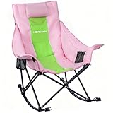 Hizypaixin Oversized Rocking Camping Chair for Adults with Headrest, Portable Rocking Chair with Cup Holder, Side Pocket & Carry Bag, 400 lbs Heavy Duty Outdoor Rocker Chair for Camp, Patio, Pink