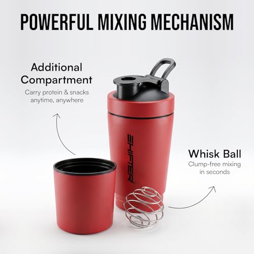 Image of Shifter Stainless Steel Gym Shaker Bottle 500ml | Protein Shaker with Mixer Ball | Leakproof Metal Blender Bottle| Gym, Fitness, Workout, Sports Water Bottle for Men & Women (RED-2)