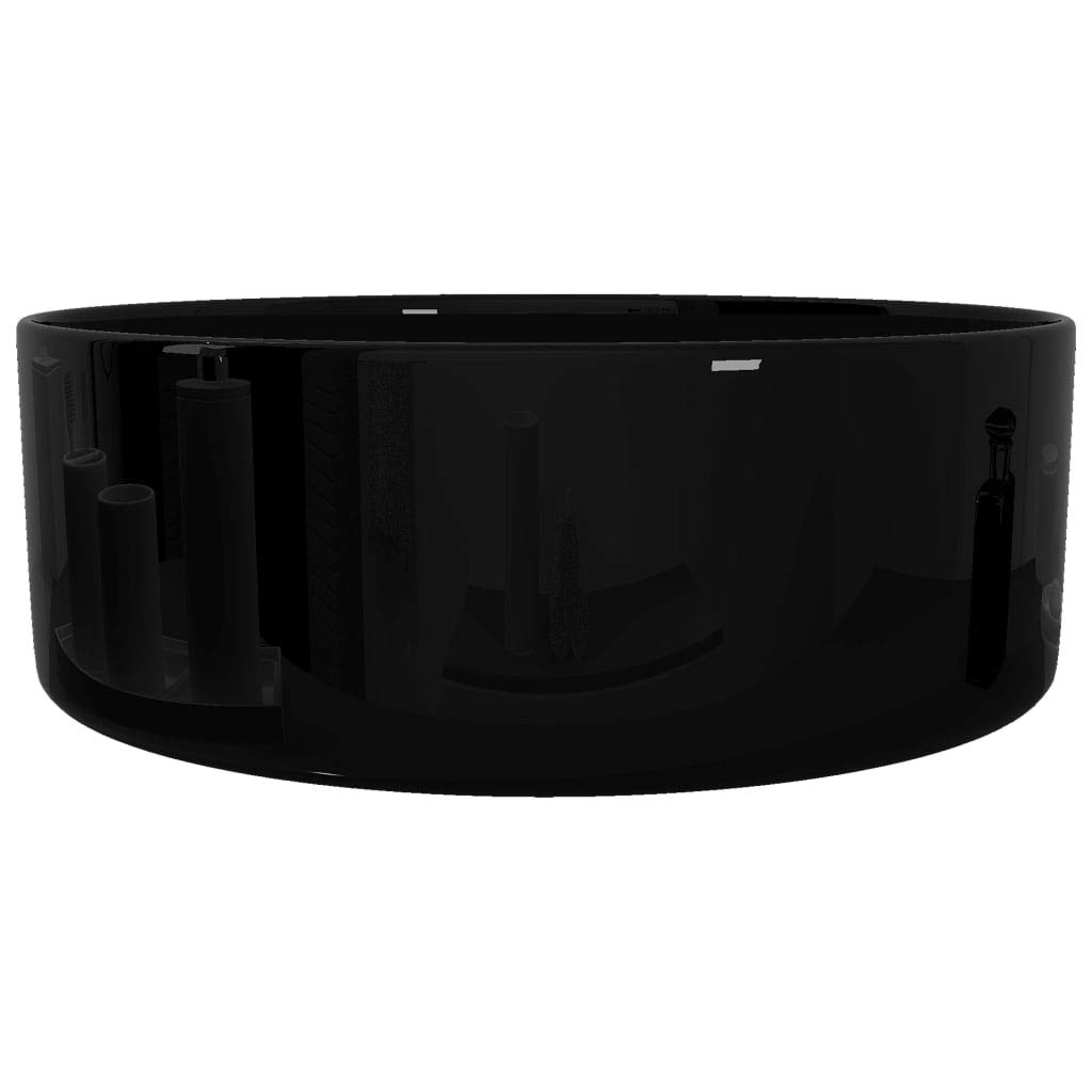 Lavabo de cerámica redondo negro, 40 x 15 cm, lavabo con orificio para grifo, ahorra espacio, fácil de limpiar, para baño, baño de invitados, sanitario y renovación