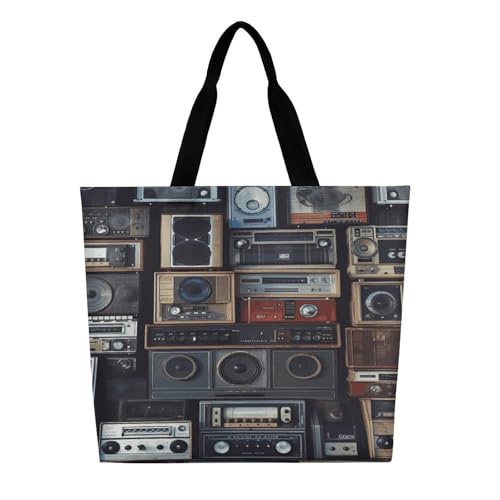 Women's Multi-Functional Shopping Bag，Vintage Wall of Radio Boombox Printing Messenger Bag Shoulder Bag for Travel, Work, Shopping & Parties with Inner Pocket, Grocery Bag Lightweight & Water-Resistan3