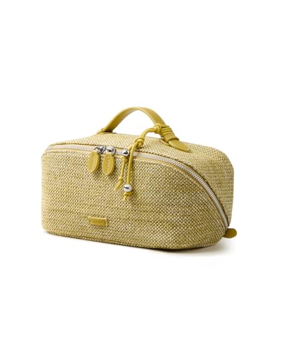 Image of EACHY Makeup Bag, Woven Travel Toiletry Bag, Portable 180 Wide-Open Flat Cosmetic Bags for Women, Large Capacity Makeup Pouch with Divider and Handle