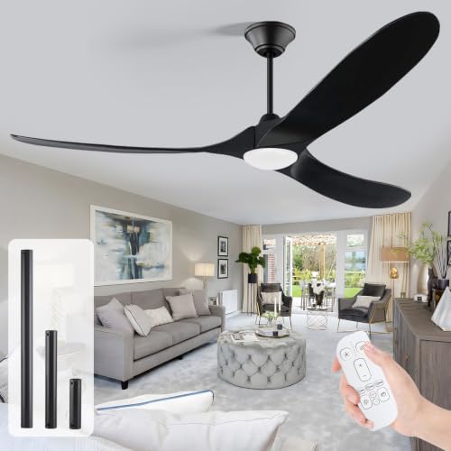 Image of 70 inch Black Large Outdoor Ceiling Fan with Light, Wood Modern