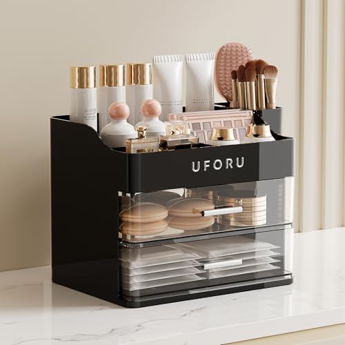Image of UFORU Makeup Organizer for Vanity with Brush Holder, Countertop Skincare Organizer with 2 Drawers, Spacious Cosmetic Display Case for Perfumes, Cologne, Shaving Lotion