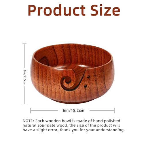 Image of Wooden Yarn Bowl, 6 inch x 3 inch Knitting Tool with Holes, Handmade Rounded Edge for Crocheting, Storage Holder for DIY Sewing Supplies