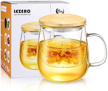 Lezero Glass Tea Infuser Cups with Strainer and Lid, 15 ounce Heat Resistance Borosilicate Glass Teacups for Blooming Tea & Loose Leaf Tea, Lead-free, Microwave & Dishwasher Safe - For Tea Lovers