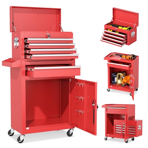 INTERGREAT Rolling Tool Chest, 5-Drawer Tool Box Organizer w/Lockable Wheels & Sliding Drawers & Detachable Top, Tool Storage Cabinet for Garage Workshop (Red)